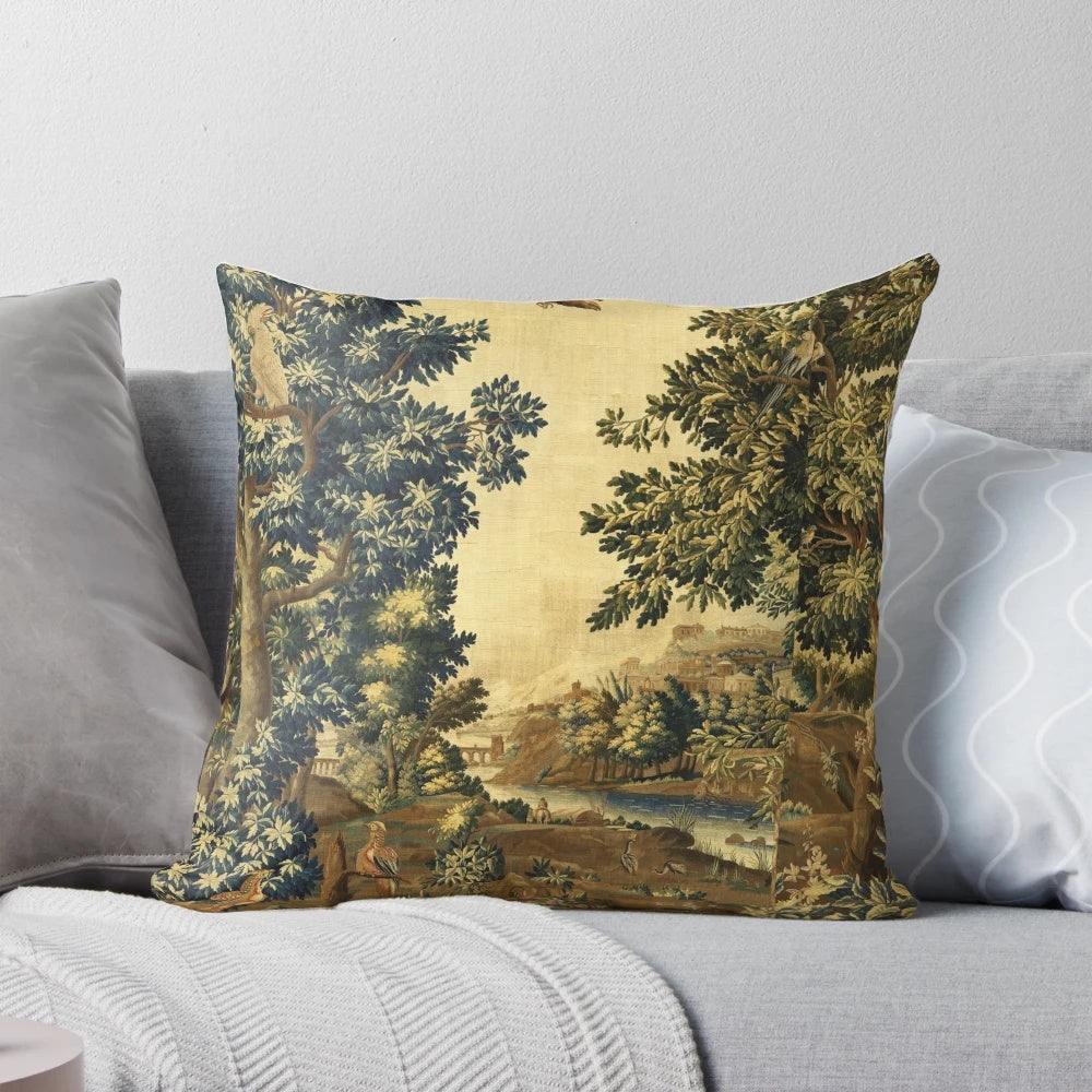 Antique-style tapestry-inspired pillow featuring a wood landscape scene with birds, trees, and a river