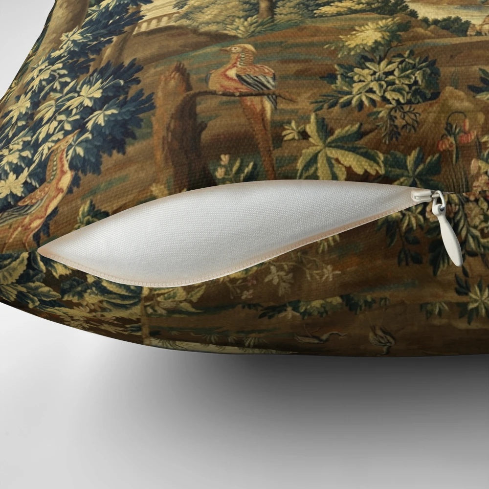 Antique-style tapestry-inspired pillow featuring a wood landscape scene with birds, trees, and a river