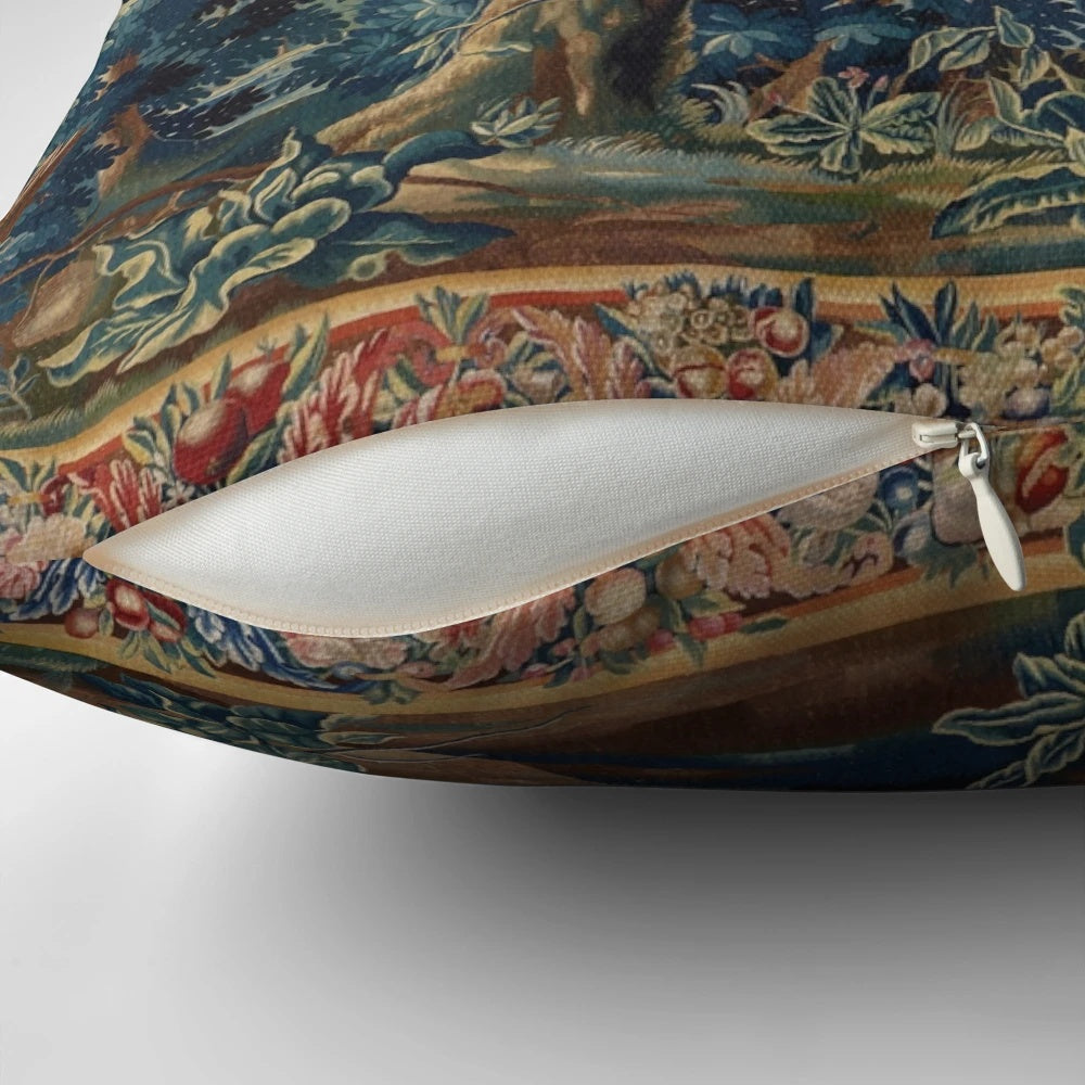 Antique tapestry-inspired pillow with a lush, green woodland landscape design
