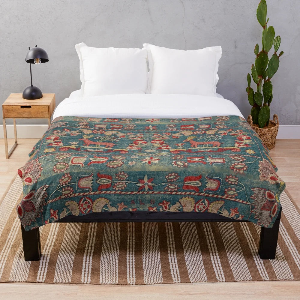 Antique floral and deer Swedish tapestry design plush blanket