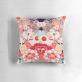 Antique-style floral pillow featuring a vibrant design of Japanese-inspired pink, white, and blue wild roses and peonies.