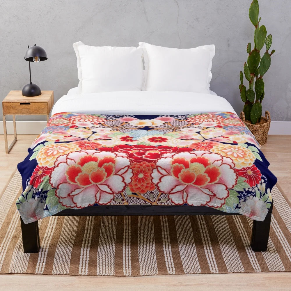 Colorful antique-style floral plush blanket with vibrant Japanese-inspired flowers and leaves