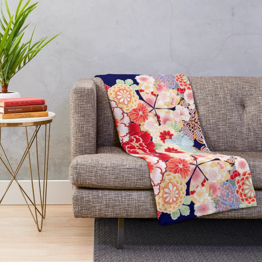 Colorful antique-style floral plush blanket with vibrant Japanese-inspired flowers and leaves