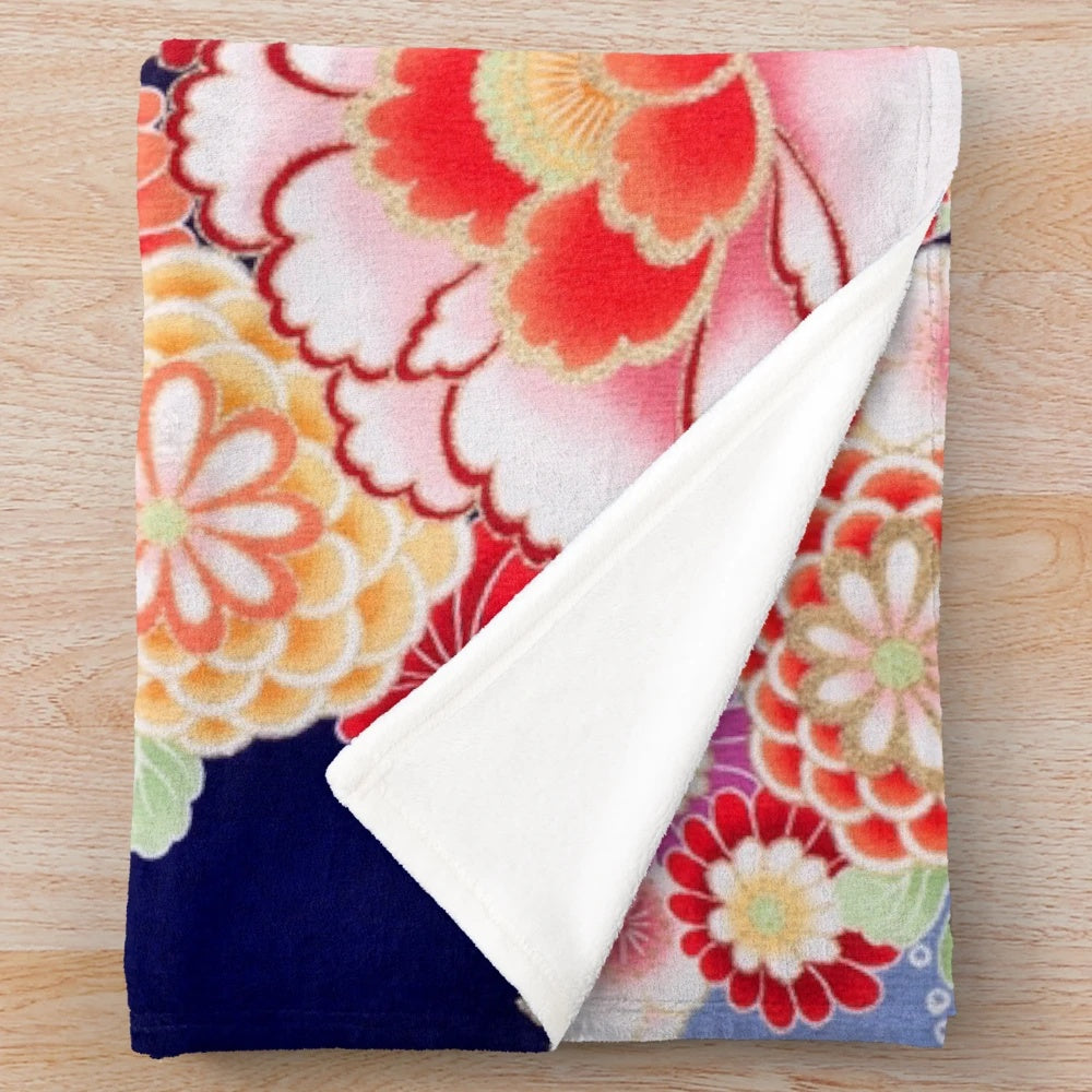 Colorful antique-style floral plush blanket with vibrant Japanese-inspired flowers and leaves