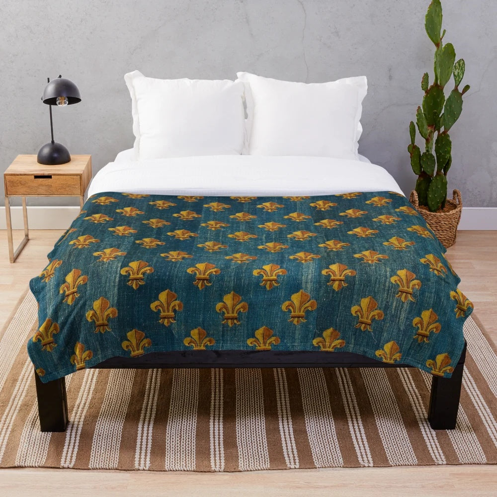 Antique French Fleur de Lys Plush Blanket