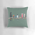 Antique green throw pillow featuring beautiful illustrations of Australian birds like cockatoos, parrots, and fairy wrens.