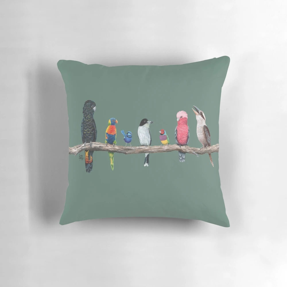 Antique green throw pillow featuring beautiful illustrations of Australian birds like cockatoos, parrots, and fairy wrens.