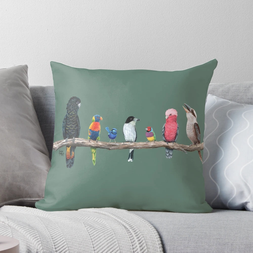 Antique green throw pillow featuring beautiful illustrations of Australian birds like cockatoos, parrots, and fairy wrens.