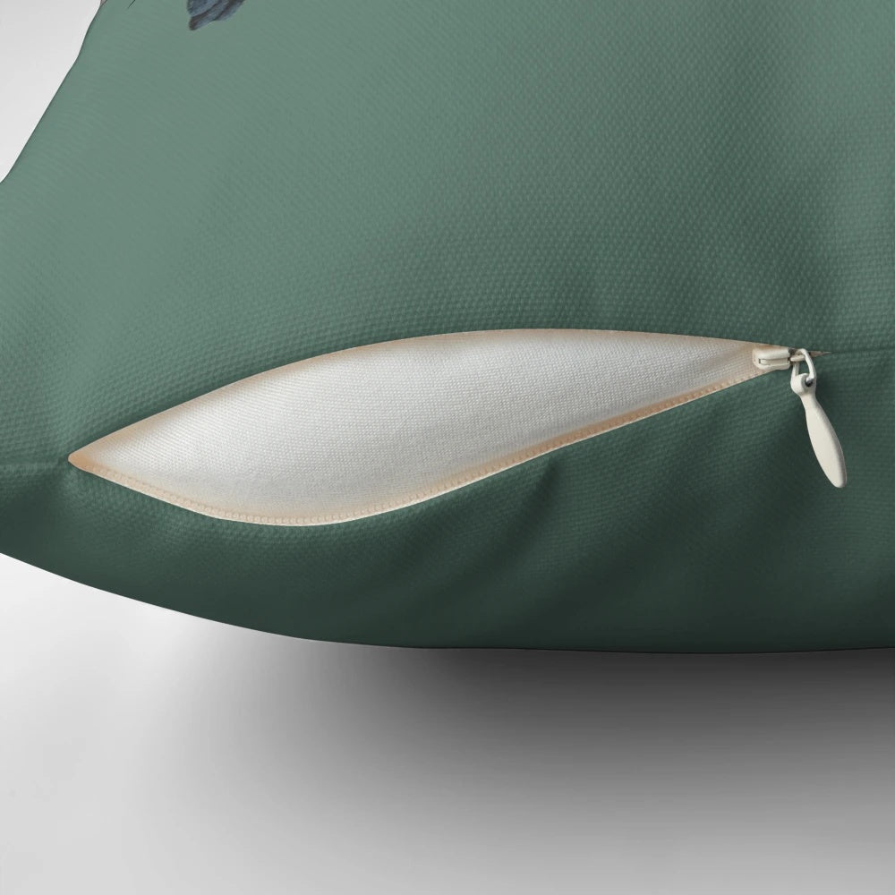 Antique green throw pillow featuring beautiful illustrations of Australian birds like cockatoos, parrots, and fairy wrens.