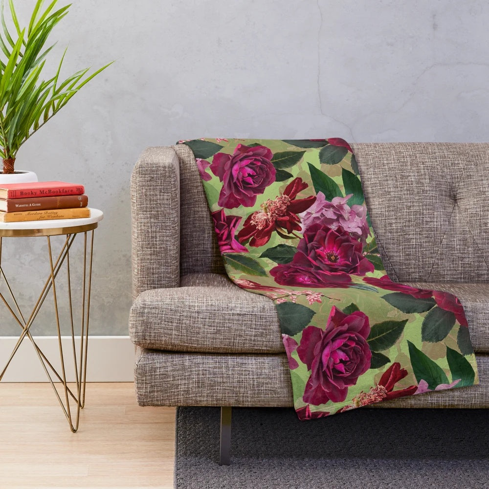 Antique green botanical flower rose plush blanket