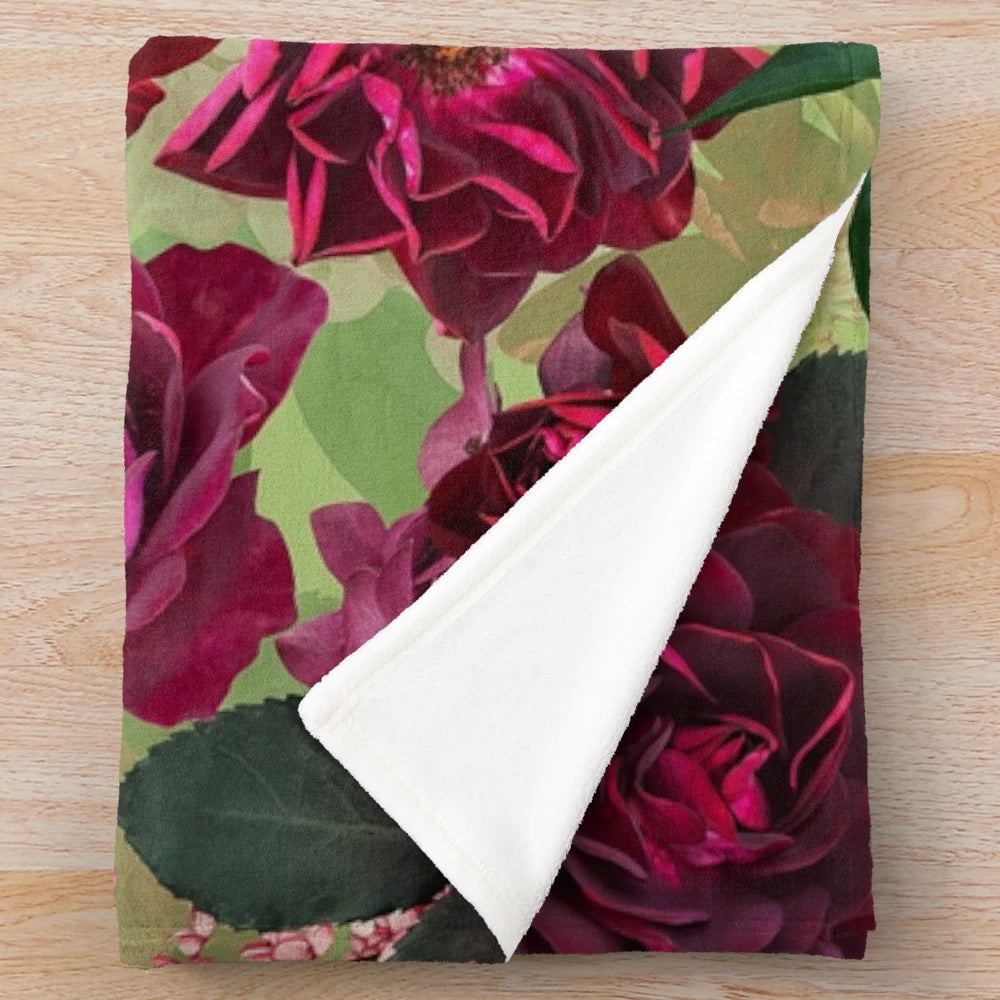 Antique green botanical flower rose plush blanket