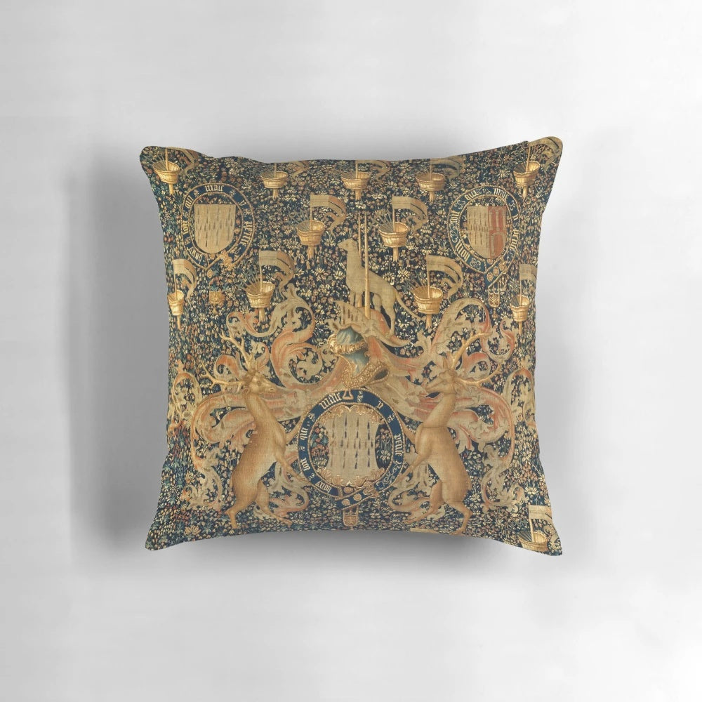 Antique heraldic tapestry with medieval heraldic symbols, harts, and floral patterns