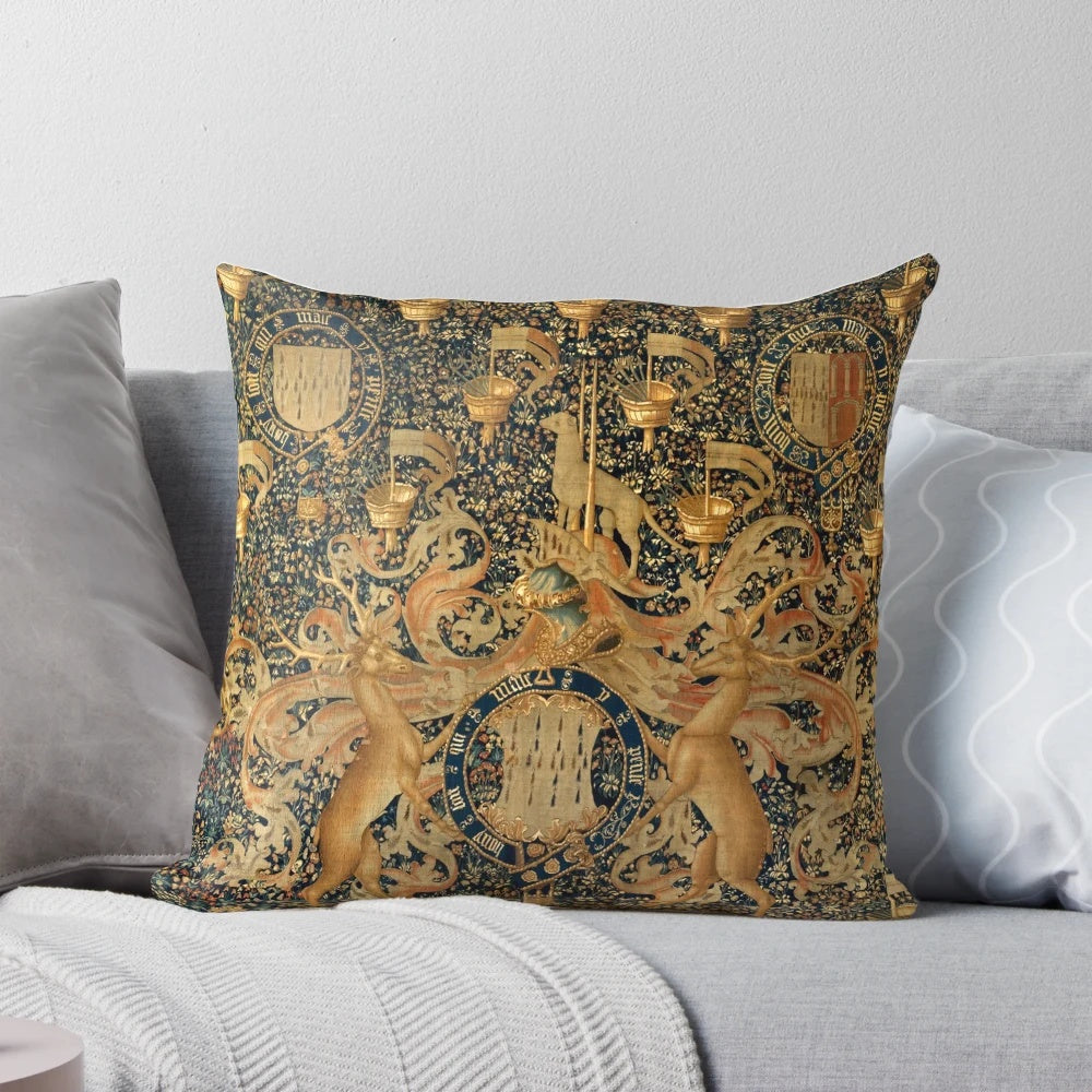 Antique heraldic tapestry with medieval heraldic symbols, harts, and floral patterns