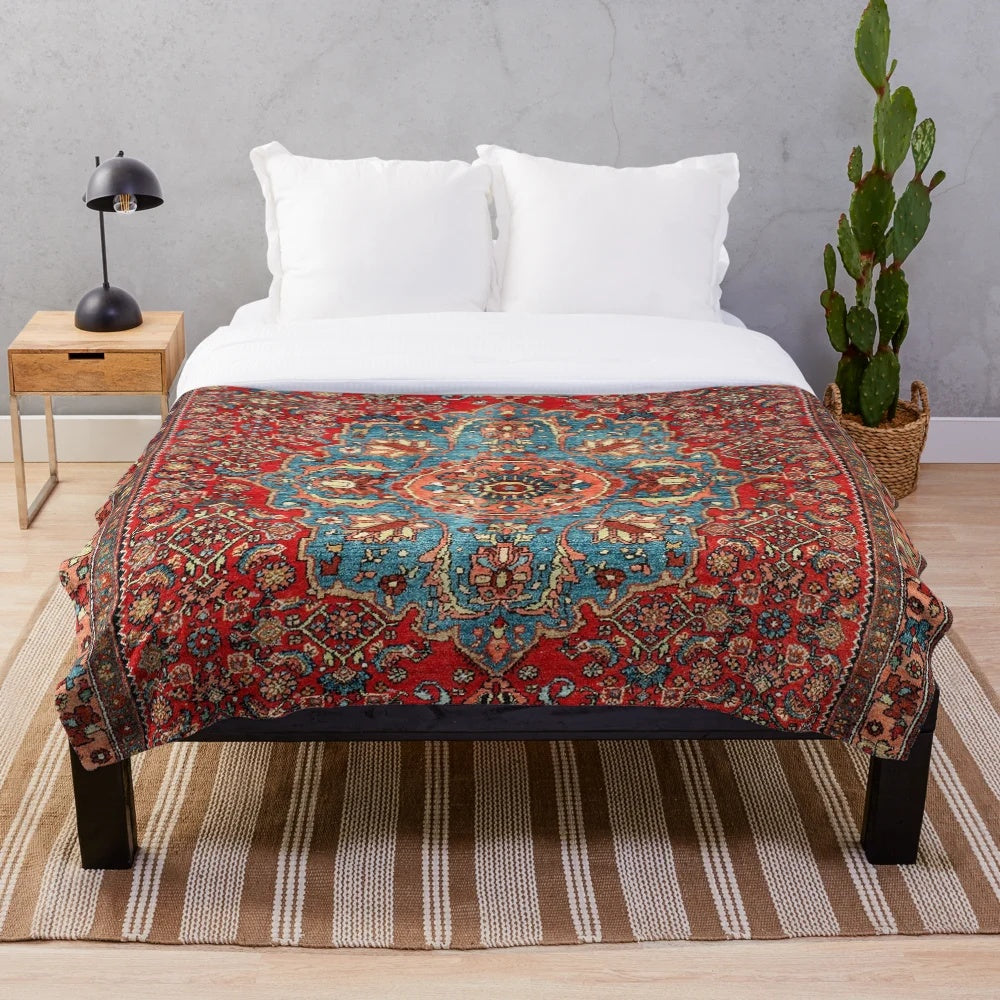 Antique-inspired Bidjar plush blanket with geometric tribal rug print