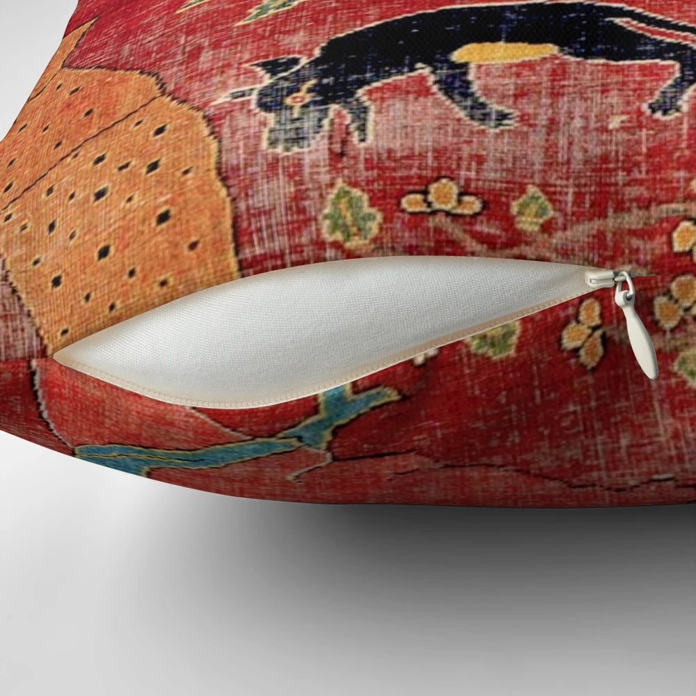 Antique-inspired decorative pillow with a Mughal-style floral and tribal pattern