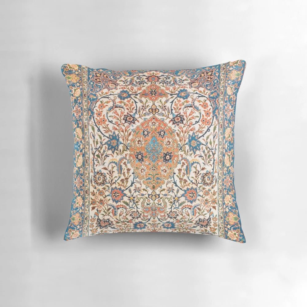 Decorative pillow with a vintage-inspired Persian carpet print design