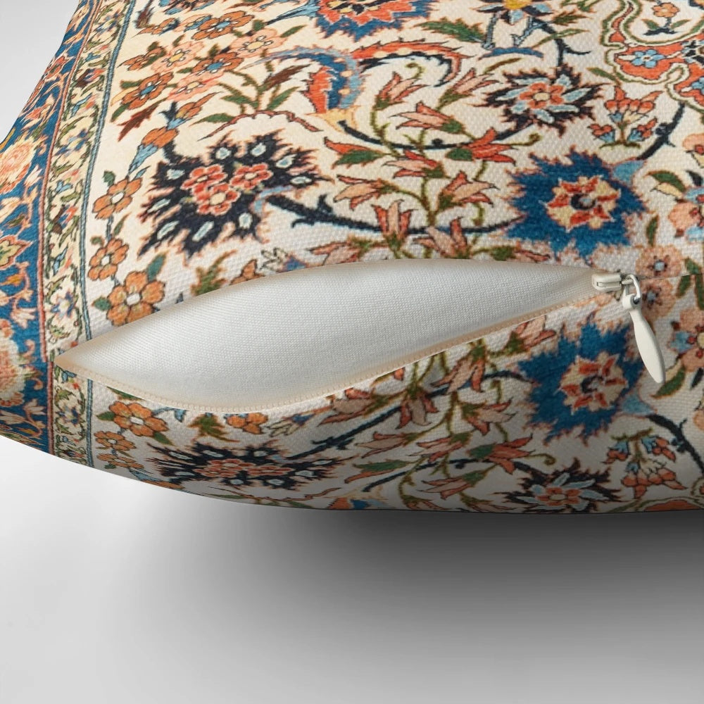 Decorative pillow with a vintage-inspired Persian carpet print design