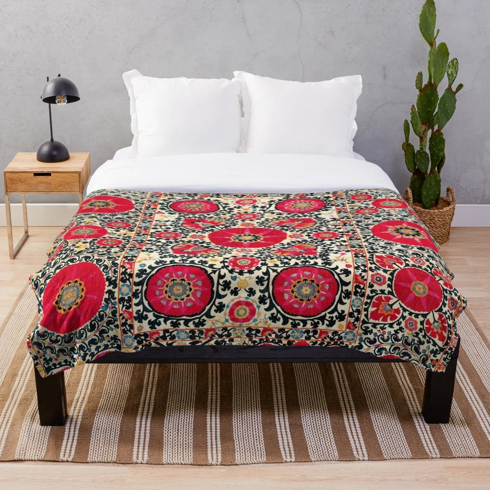 Plush blanket with Uzbek embroidery and suzani pattern