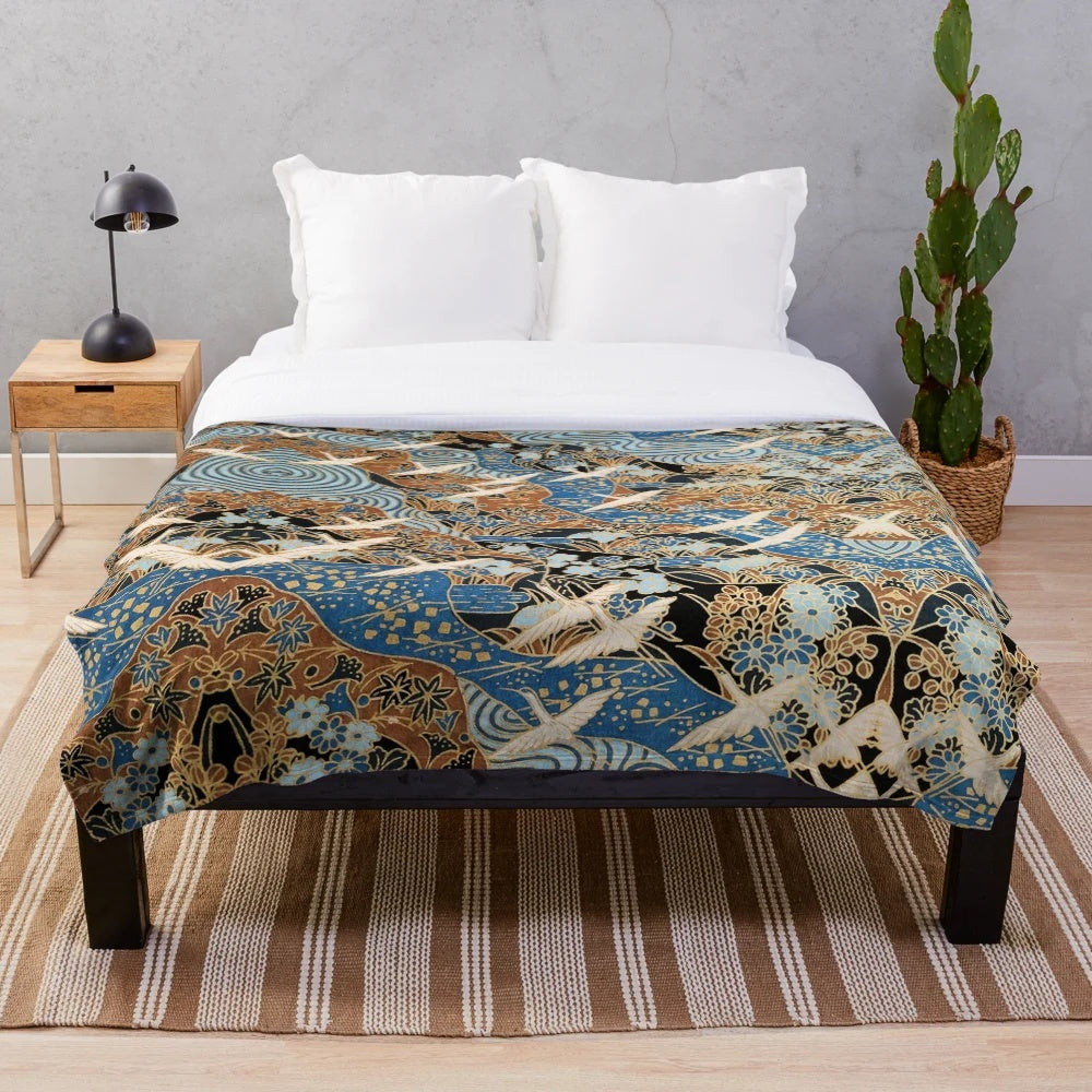 Antique Japanese floral plush blanket with flying white cranes and colorful spring flowers