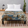 Antique Japanese floral plush blanket with flying white cranes and colorful spring flowers