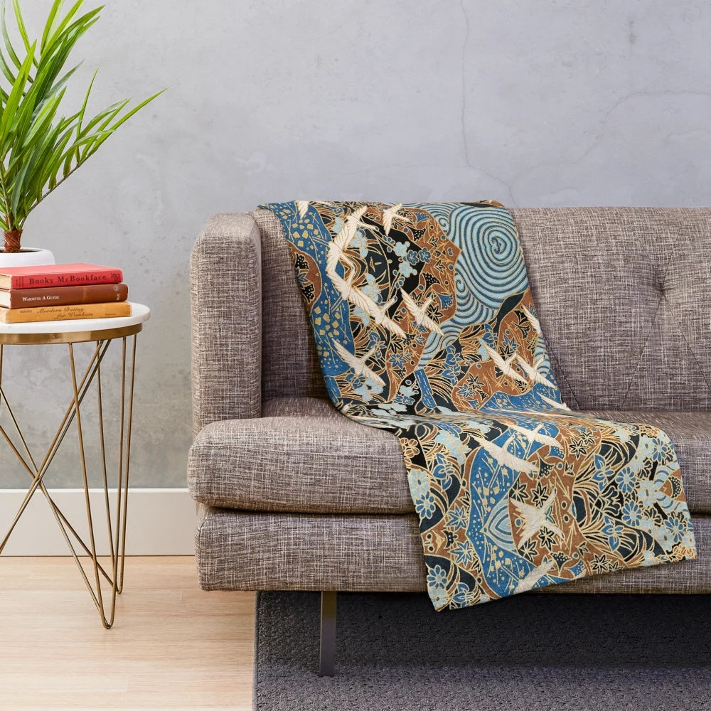 Antique Japanese floral plush blanket with flying white cranes and colorful spring flowers