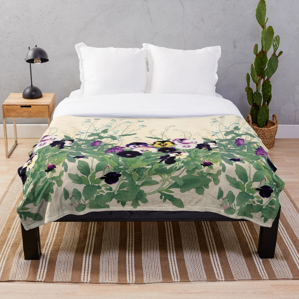 Antique Japanese floral plush blanket featuring vibrant pansies and lush green leaves