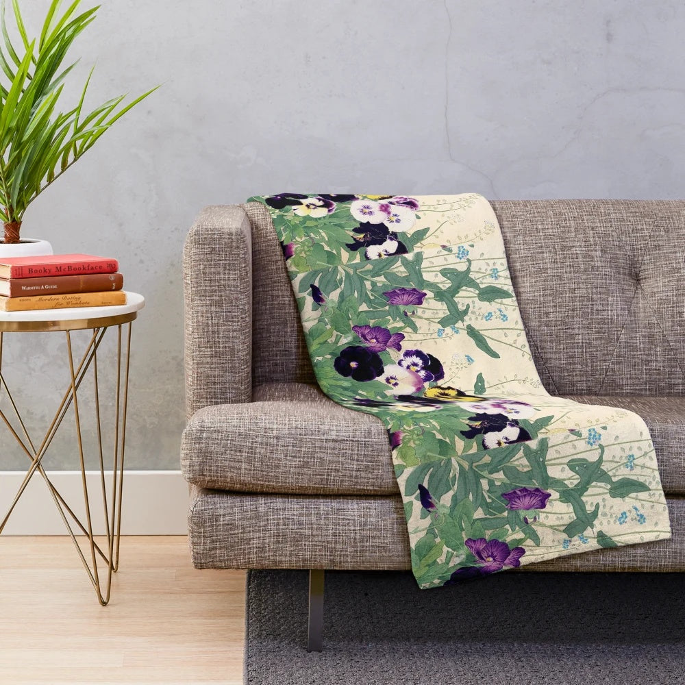 Antique Japanese floral plush blanket featuring vibrant pansies and lush green leaves