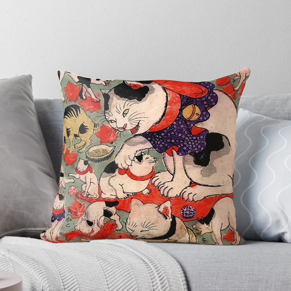 Antique Japanese woodblock print of cats, featuring a vintage-style cat tattoo design for cat lovers.