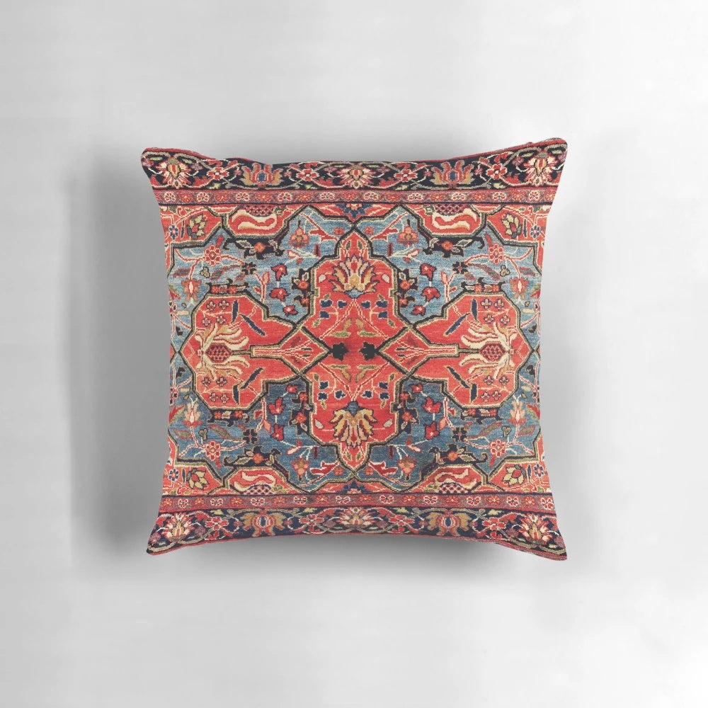 Antique Kashan Poshti Persian rug print pillow for boho, bohemian, and ethnic home decor
