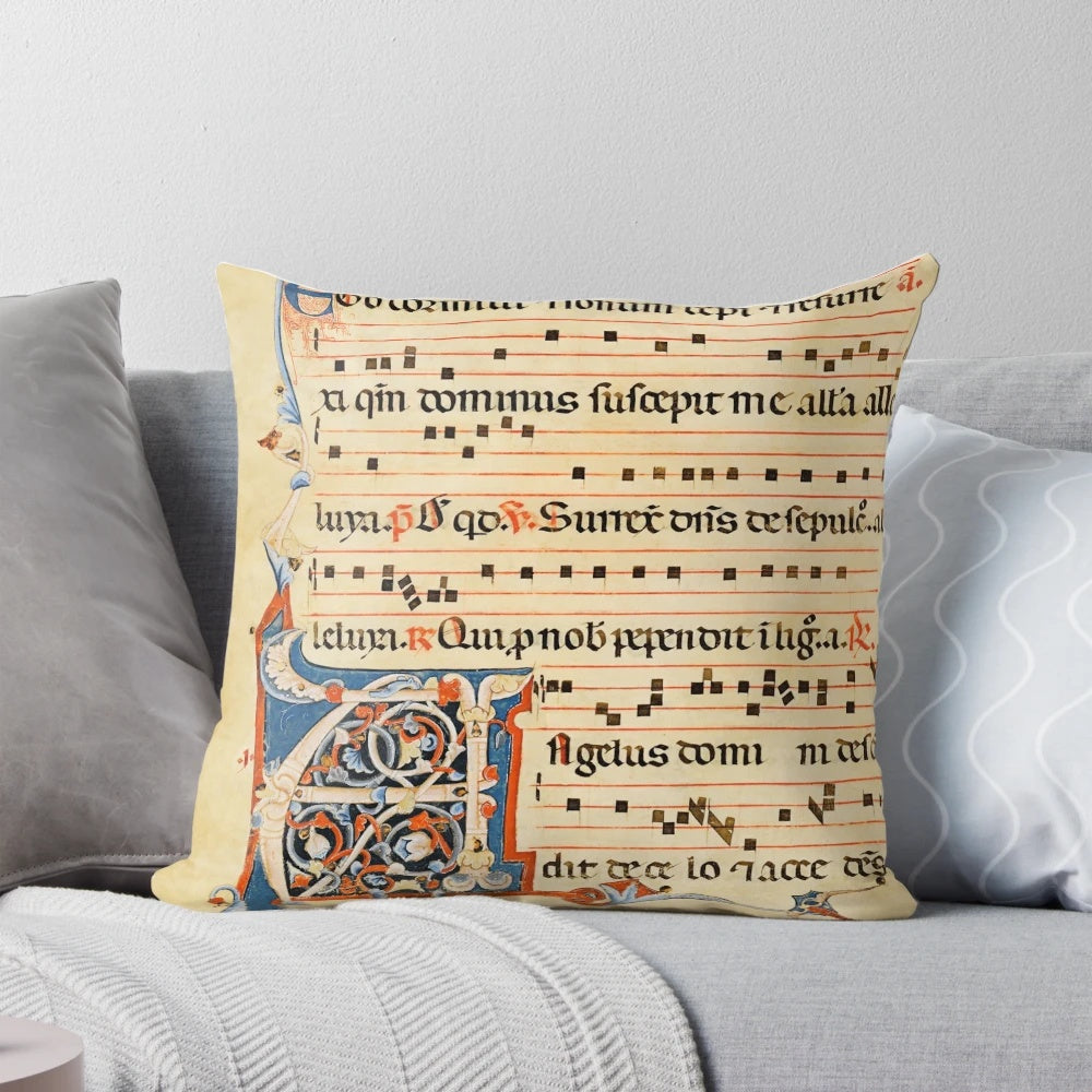Antique medieval musical manuscript pillow featuring Gregorian chant sheet music