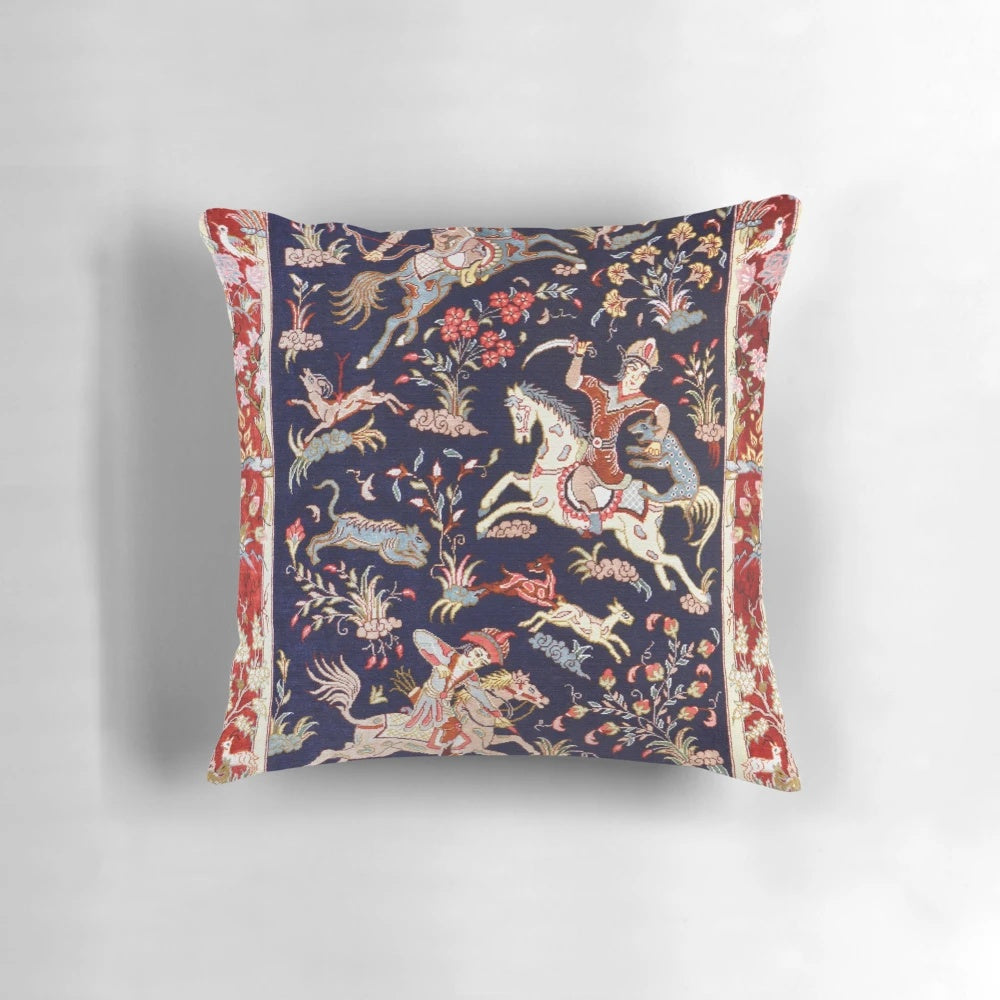 Antique Persian hunting rug print throw pillow with floral and tribal designs in red, blue, and white