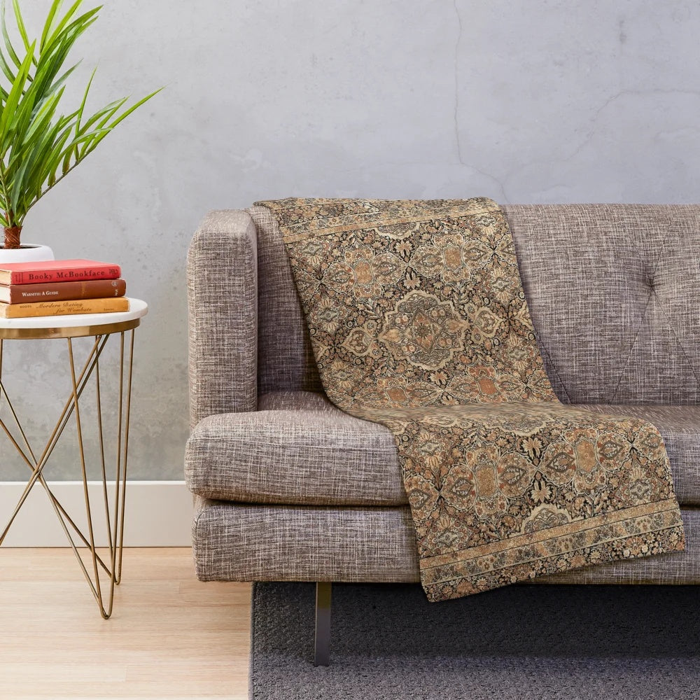 Antique Persian-Inspired Plush Blanket with Kirman Rug Design