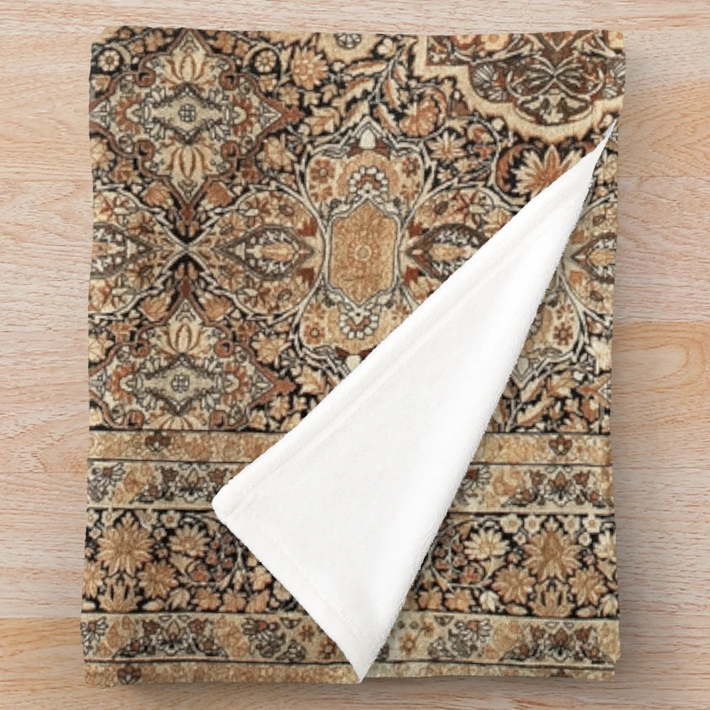Antique Persian-Inspired Plush Blanket with Kirman Rug Design