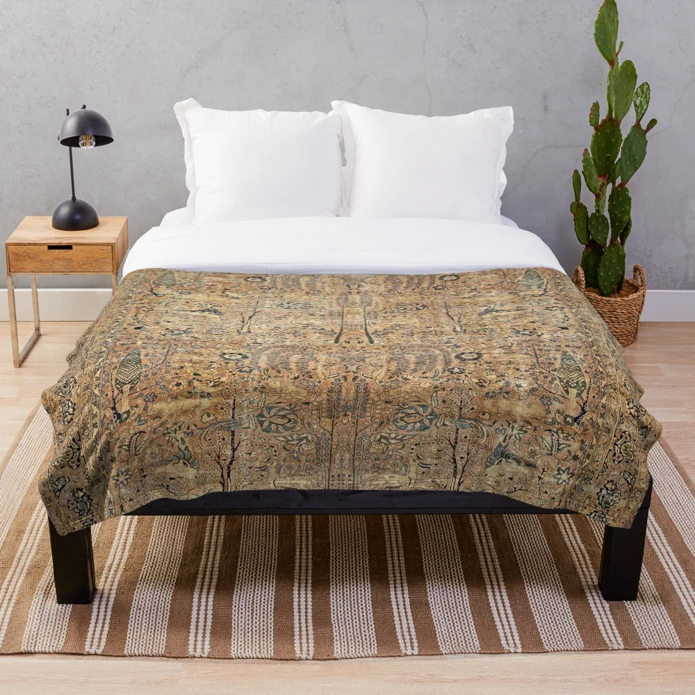 Antique Persian Kirman Garden Rug with Elegant Animals Print Plush Blanket