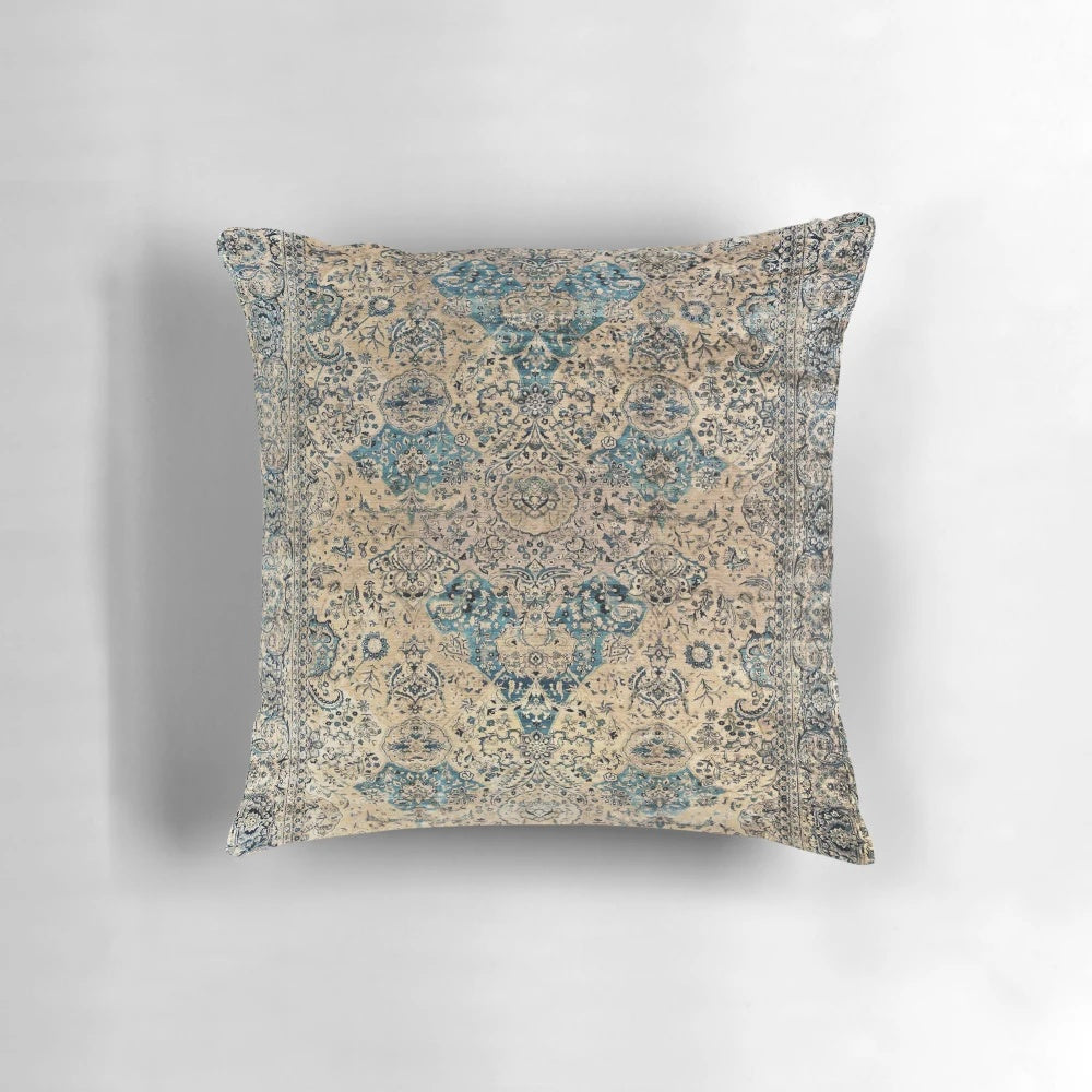 Antique Persian Kirman rug print decorative throw pillow with floral and geometric patterns