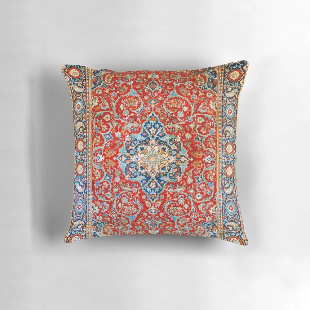 Decorative pillow with an antique Persian rug-inspired floral print design