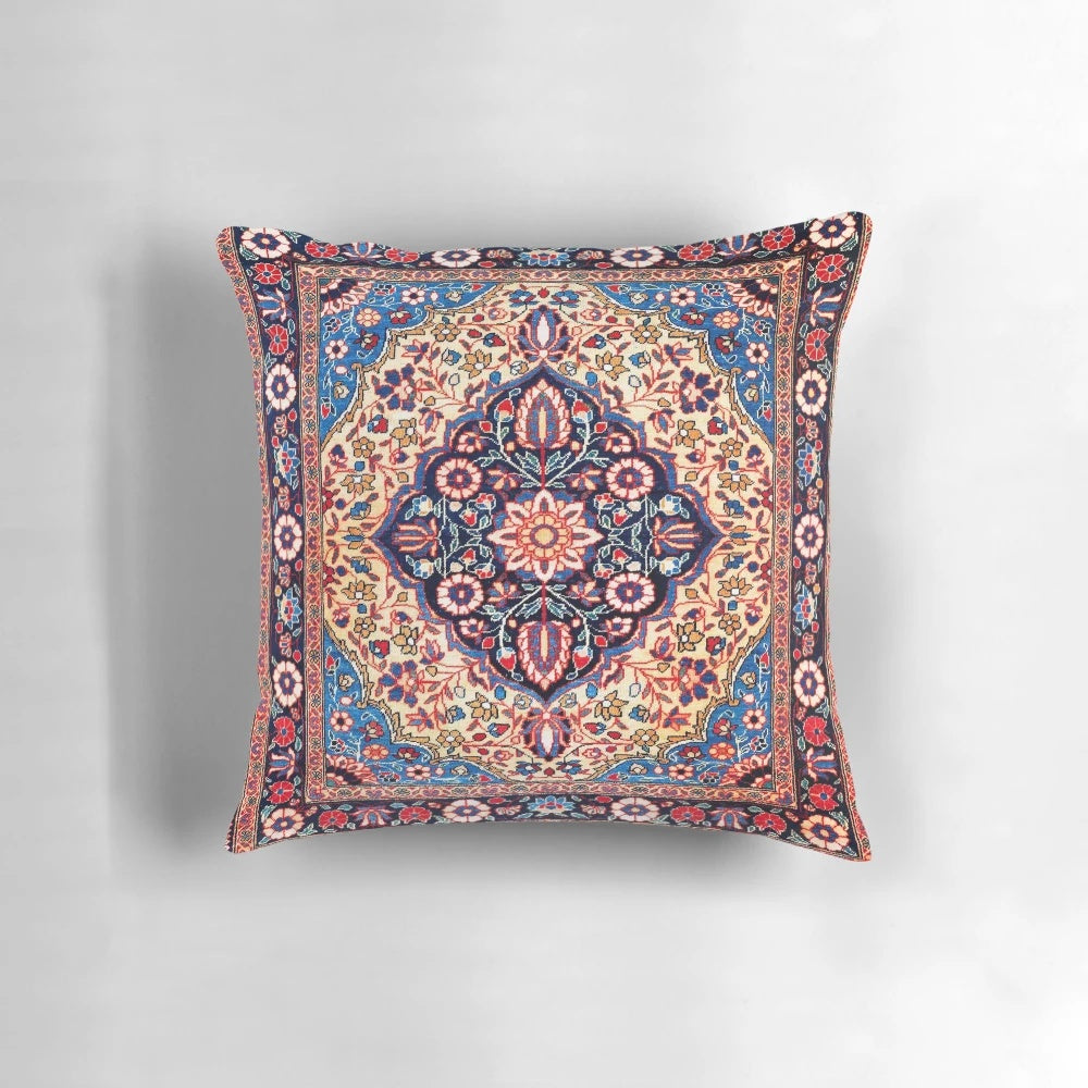 Antique Persian rug inspired pillow with geometric, ethnic, and nature-inspired patterns.