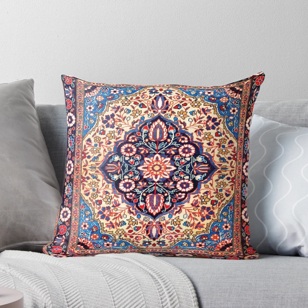 Antique Persian rug inspired pillow with geometric, ethnic, and nature-inspired patterns.