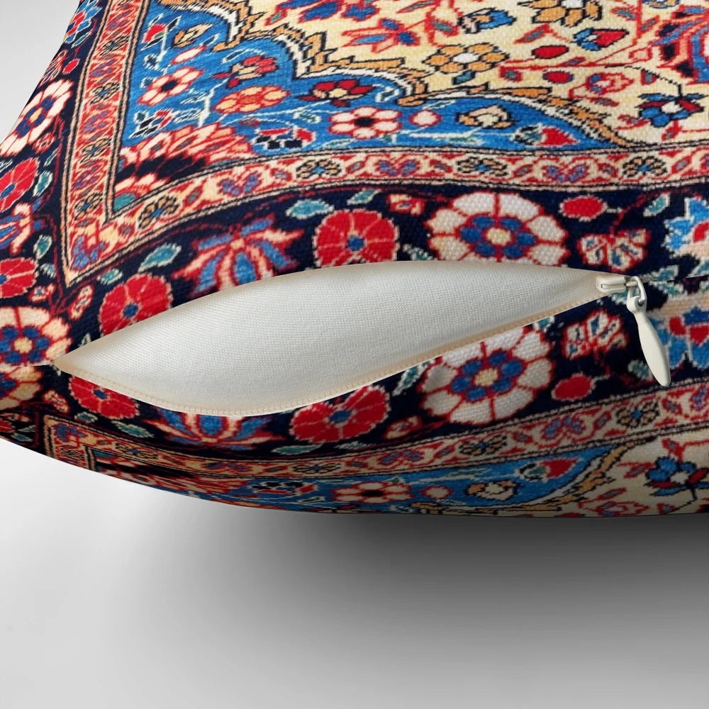 Antique Persian rug inspired pillow with geometric, ethnic, and nature-inspired patterns.
