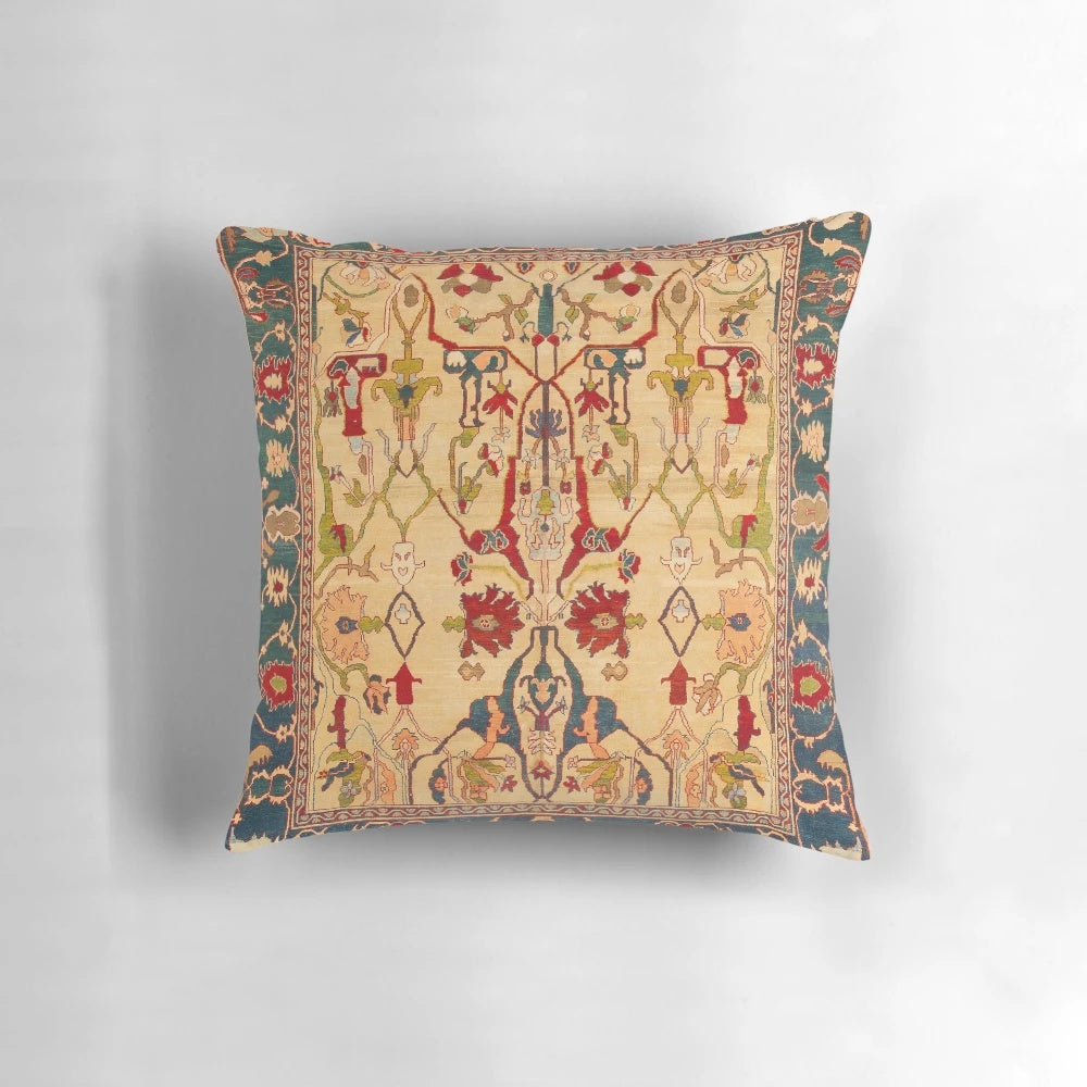 Antique Persian rug print decorative pillow with floral and geometric patterns