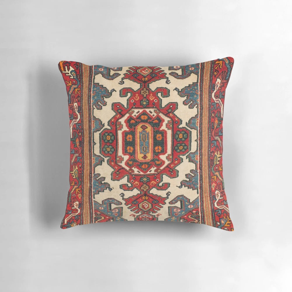 Antique Persian rug print pillow with floral and geometric patterns