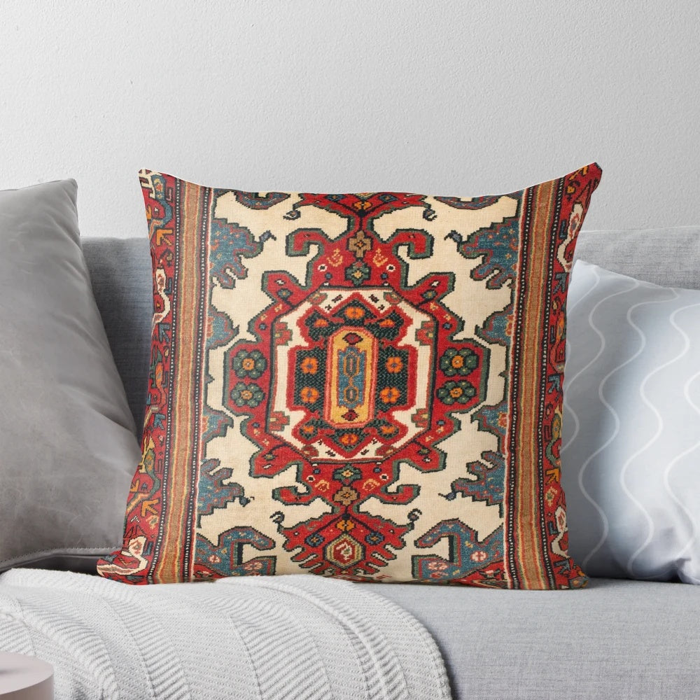 Antique Persian rug print pillow with floral and geometric patterns