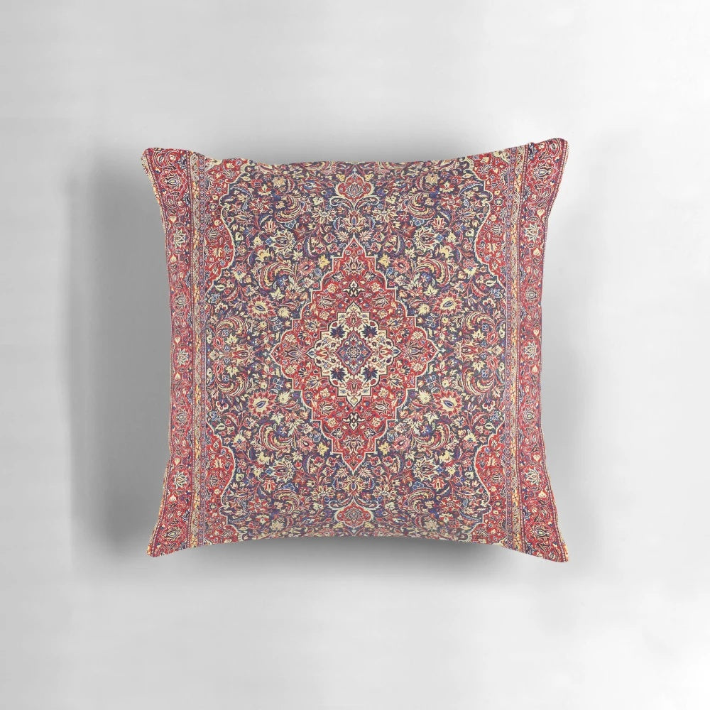 Antique Persian silk carpet print pillow with a floral and medallion design