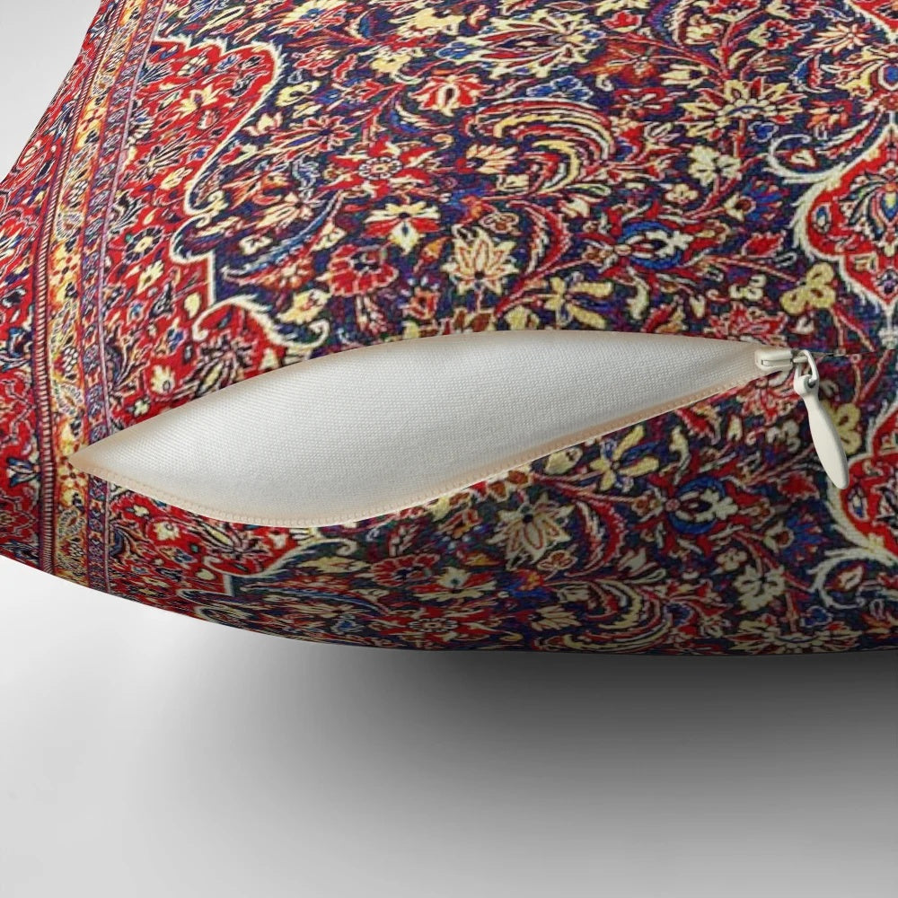 Antique Persian silk carpet print pillow with a floral and medallion design