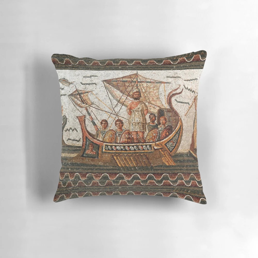 Antique Roman mosaic design pillow featuring Odysseus/Ulysses sailing ship navigating the sea, with mythological sirens