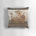 Antique Roman mosaic design pillow featuring Odysseus/Ulysses sailing ship navigating the sea, with mythological sirens