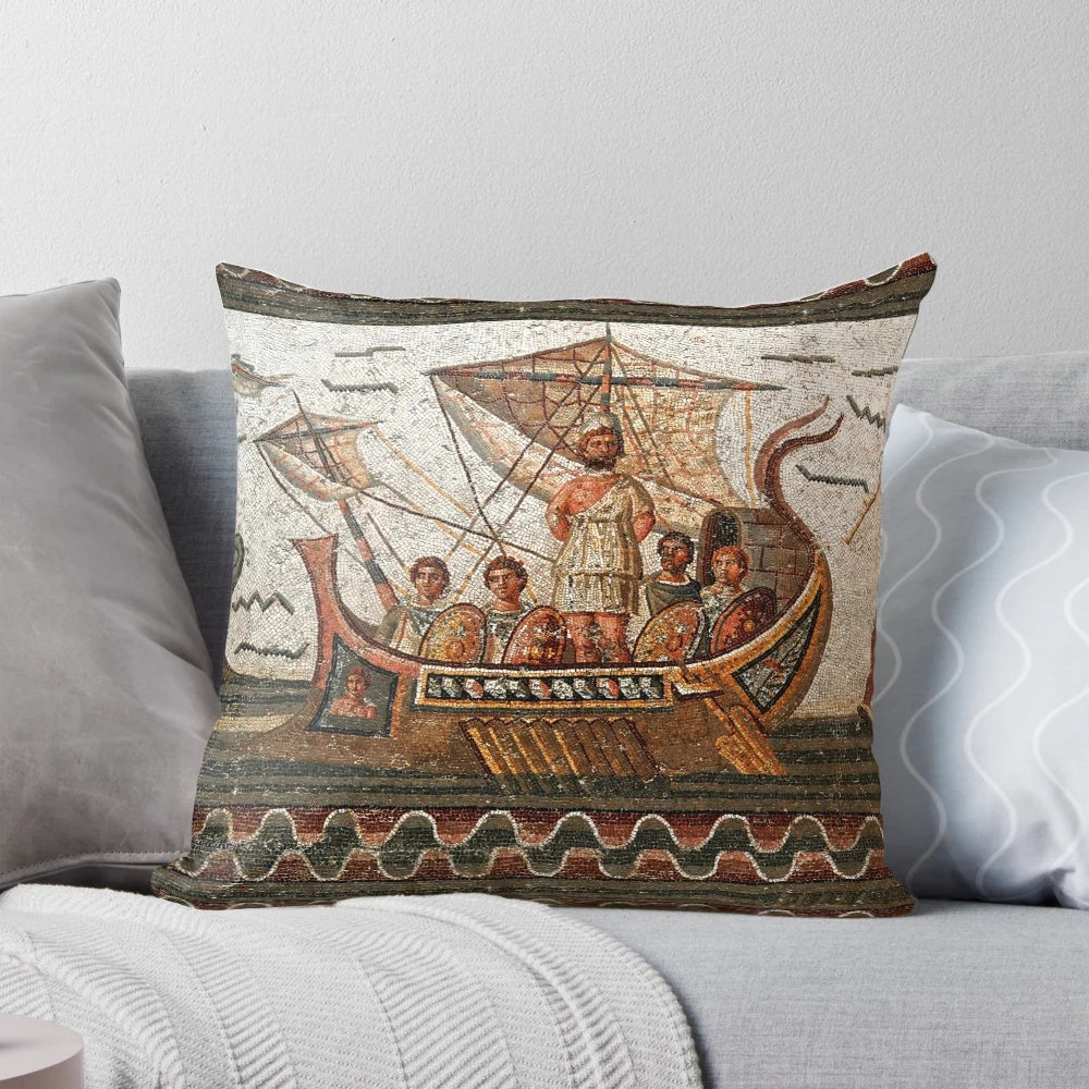 Antique Roman mosaic design pillow featuring Odysseus/Ulysses sailing ship navigating the sea, with mythological sirens
