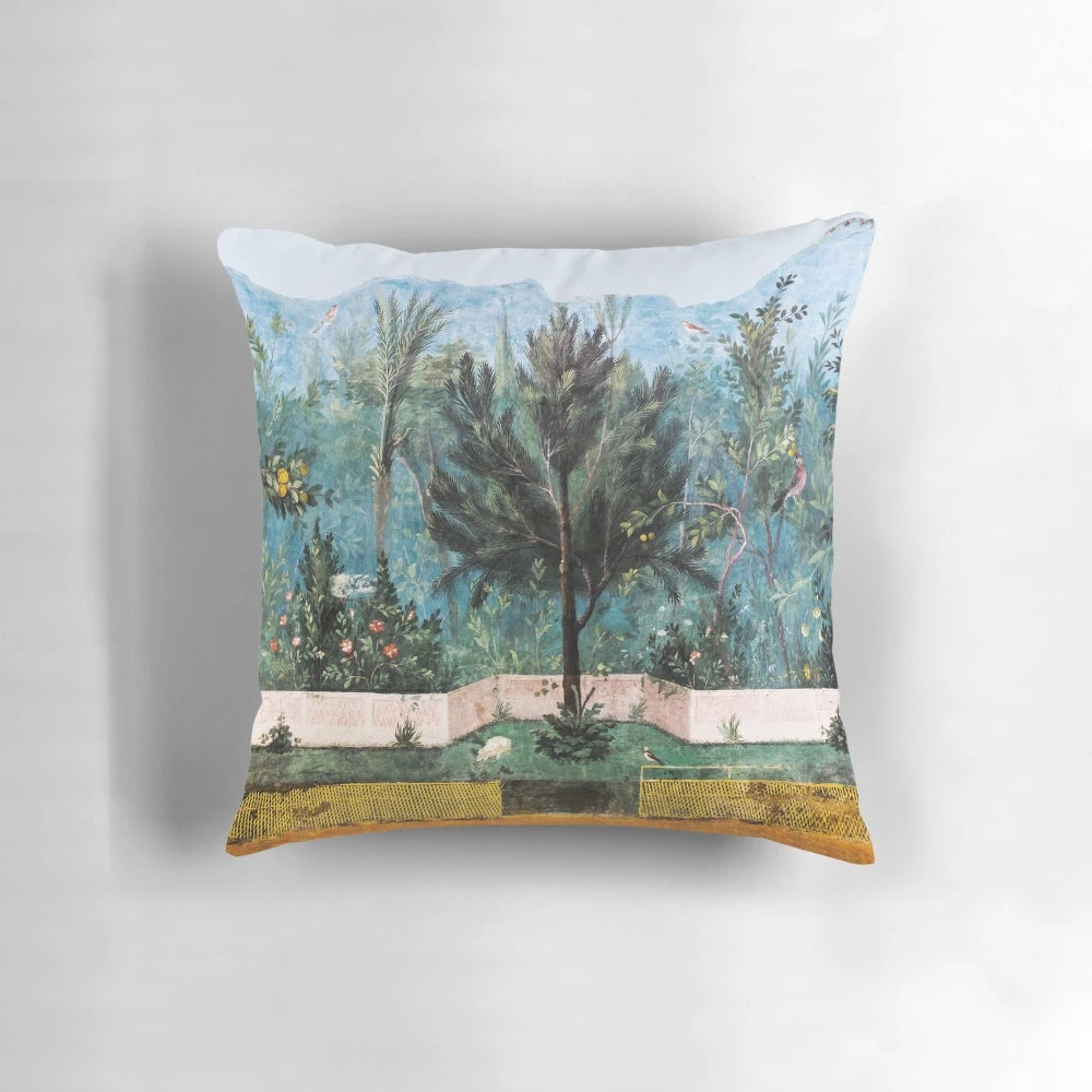 Antique Roman wall painting-inspired pillow with a flower garden scene featuring pine, quince, and apple trees with flying birds.
