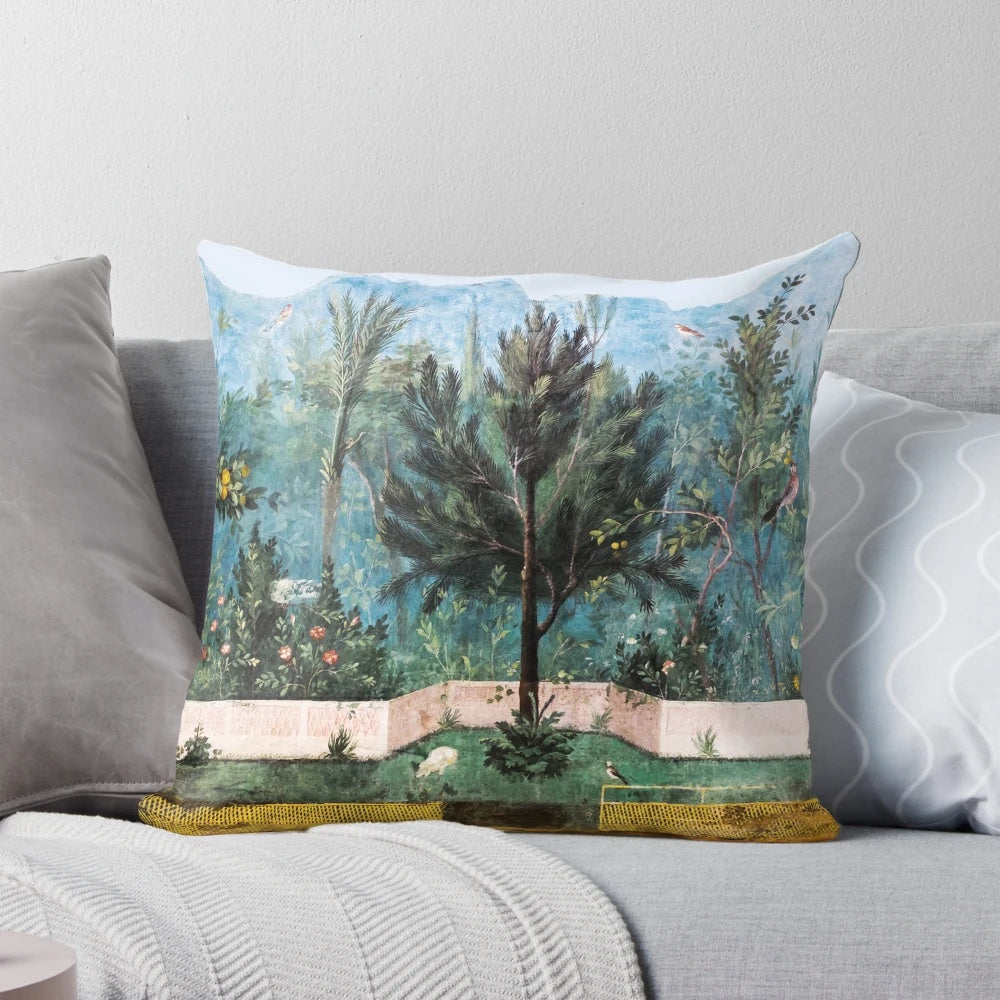 Antique Roman wall painting-inspired pillow with a flower garden scene featuring pine, quince, and apple trees with flying birds.