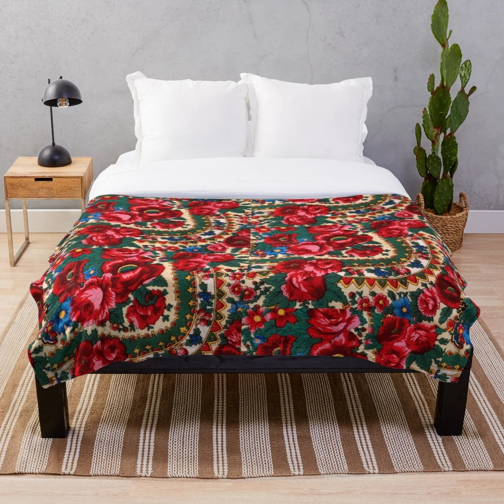 Antique Russian Floral Textile Pattern Plush Blanket with Red Poppies